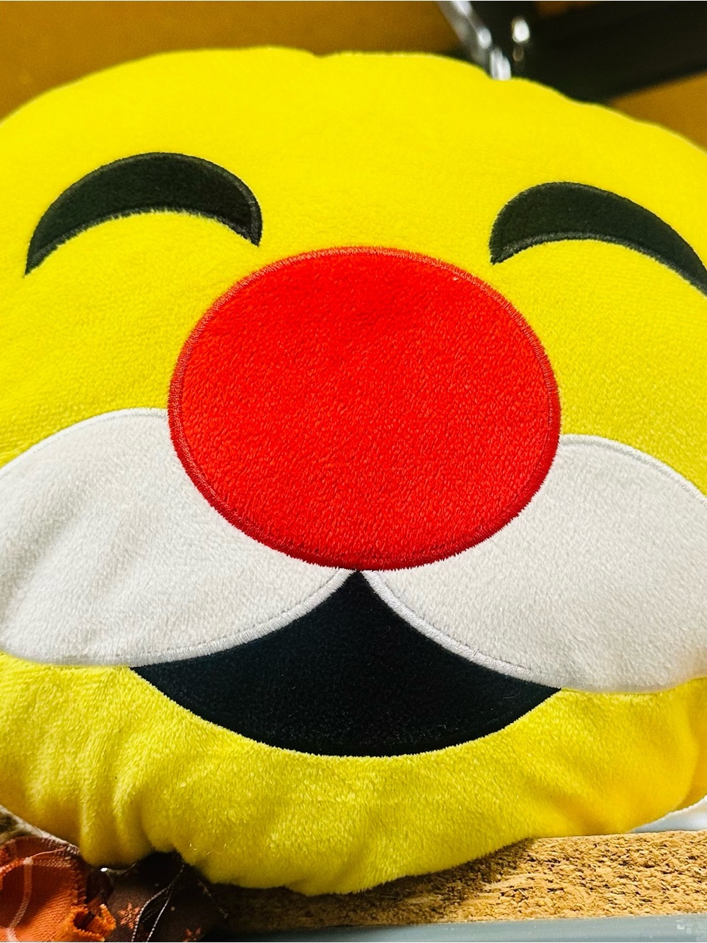 Y2K Smiling Yellow Mustache Emoji Face Plush Pillow with Red Nose Throw Pillow